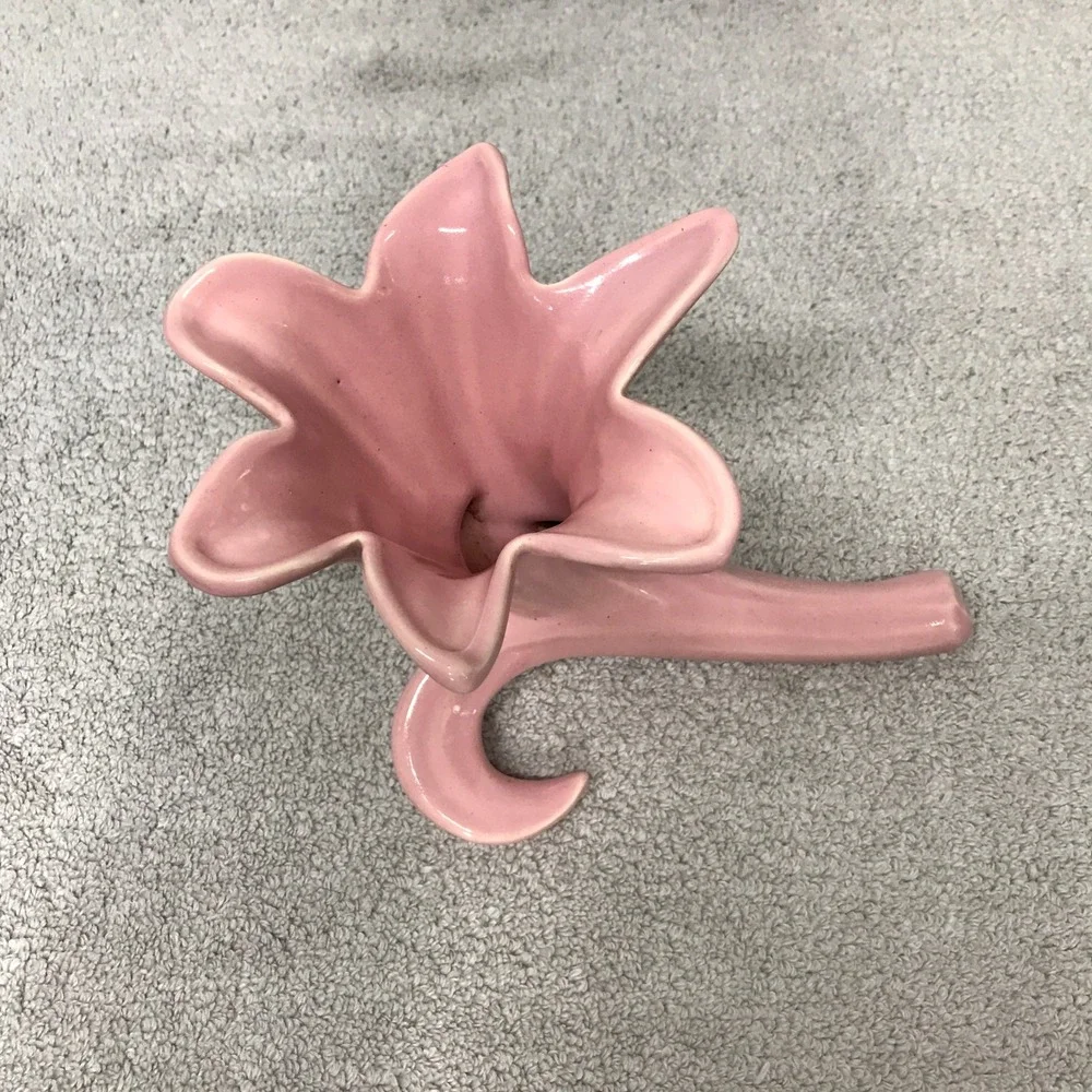 Vintage Ceramic Pink Lily Bud Vase MCM Art Deco Tripod Base Floral Decor 6in